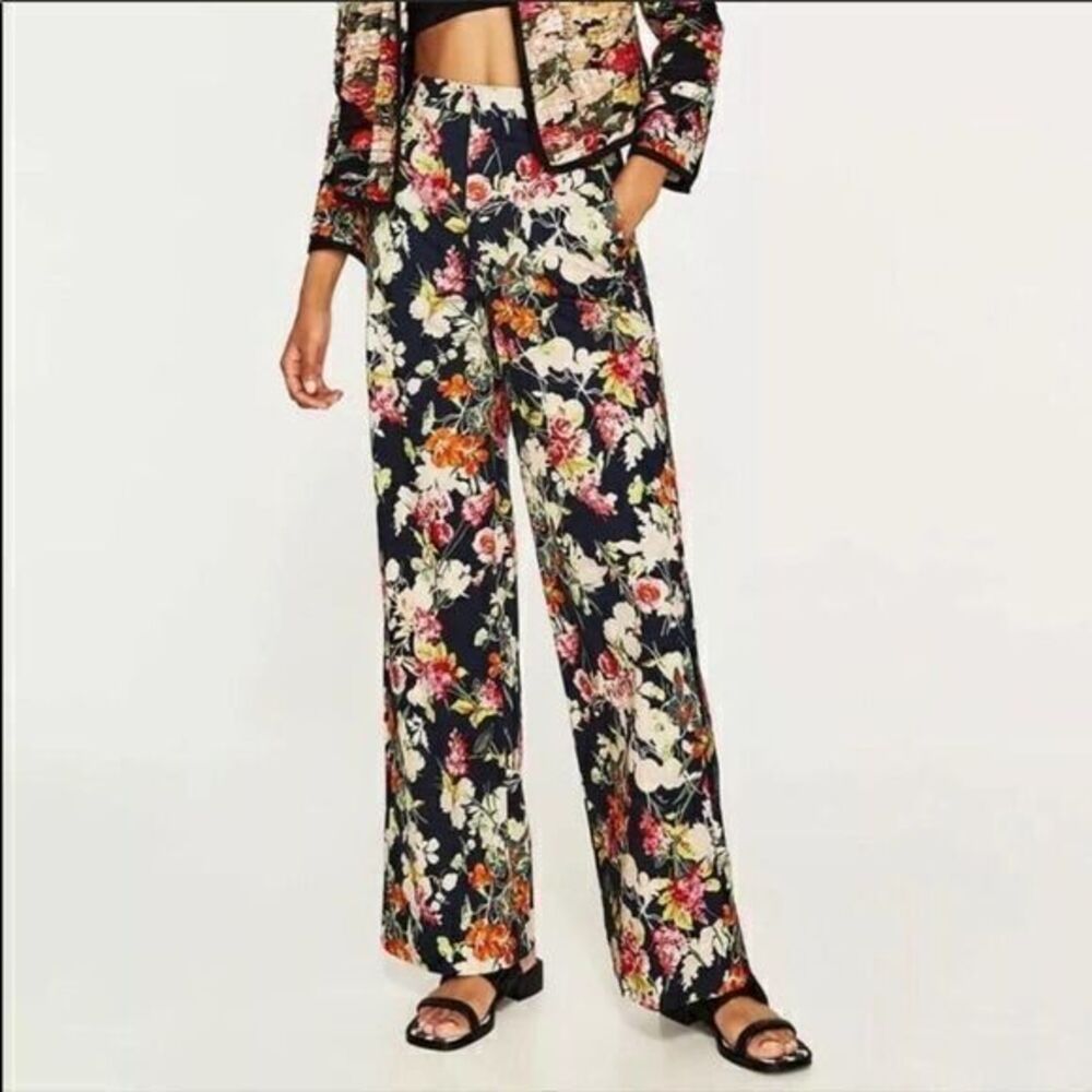 ZARA NWT Floral Pants Poplin Trousers Long Palazzo XSMALL